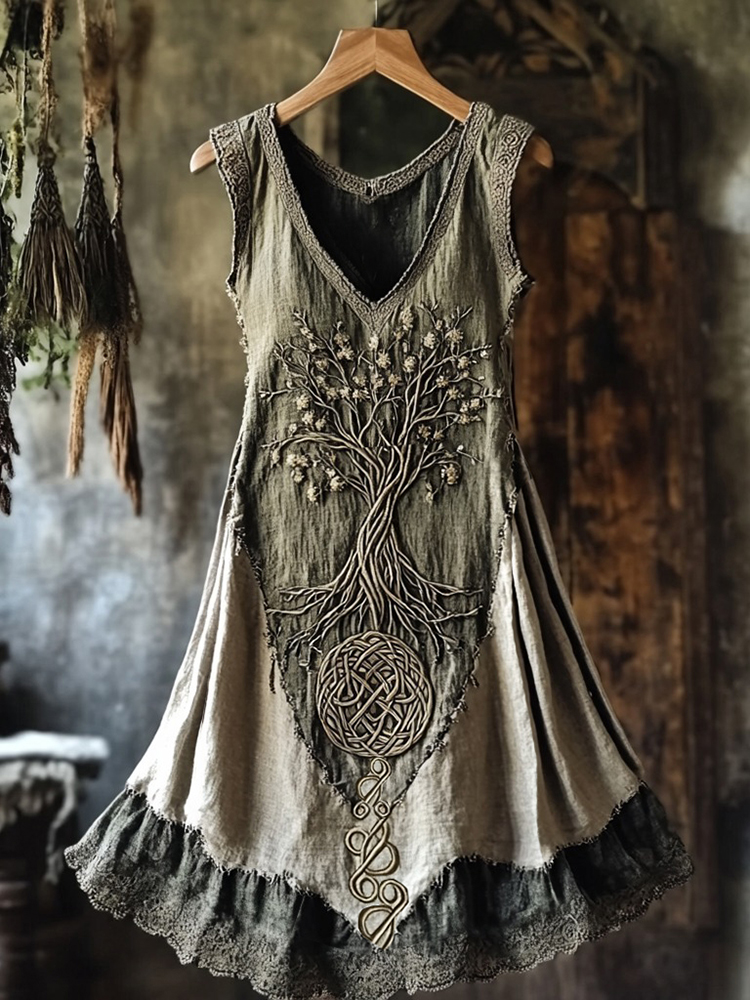Tribal Life Of Tree Lace Contrast Color Art Linen Tank Dress
