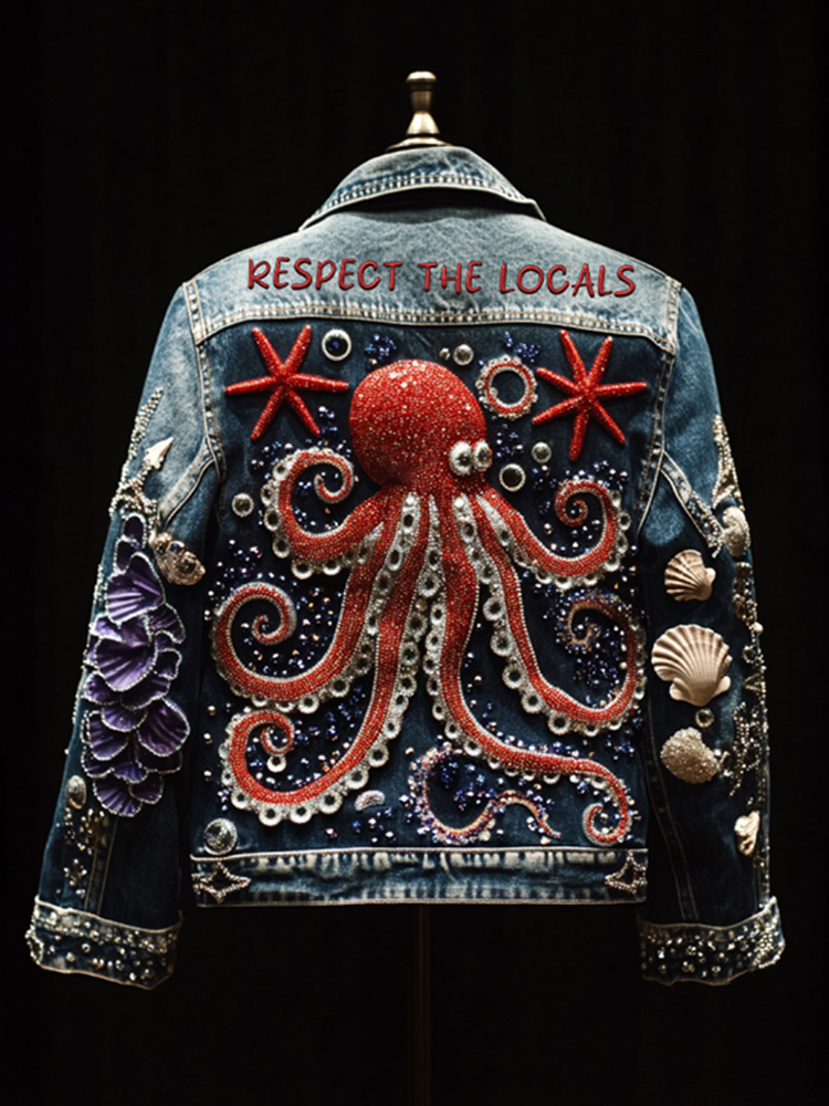 Respect The Locals Octopus Diamond Embroidered Denim Jacket
