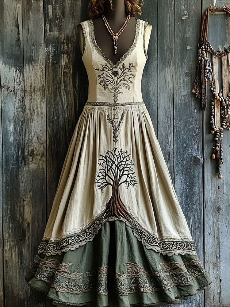 Women's Vintage Viking Tree Of Life Celtic Cotton And Linen V-neck Maxi Dress