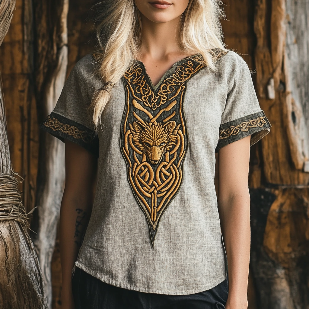 Womens Tribal Viking Wolf Celtic Knot Linen Shirt