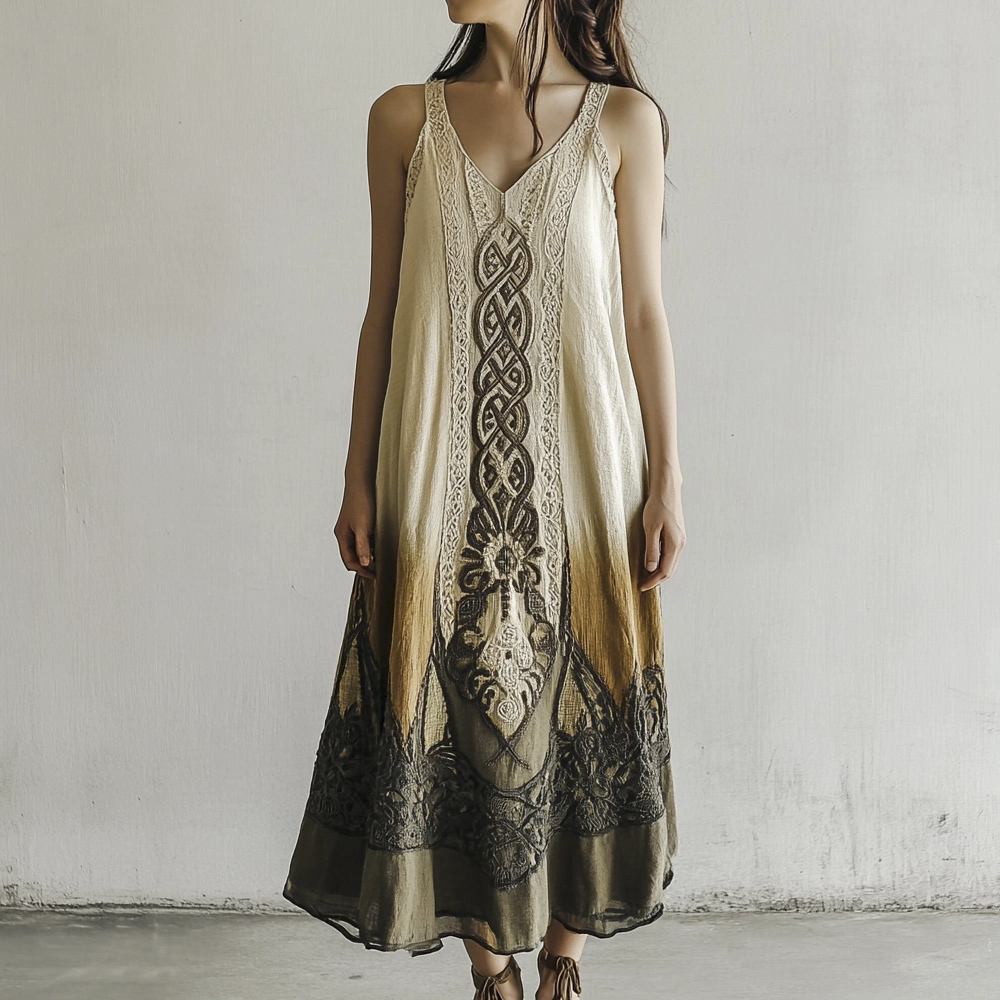 Vintage Celtic Knot Gradient Lace Linen Tank Dress