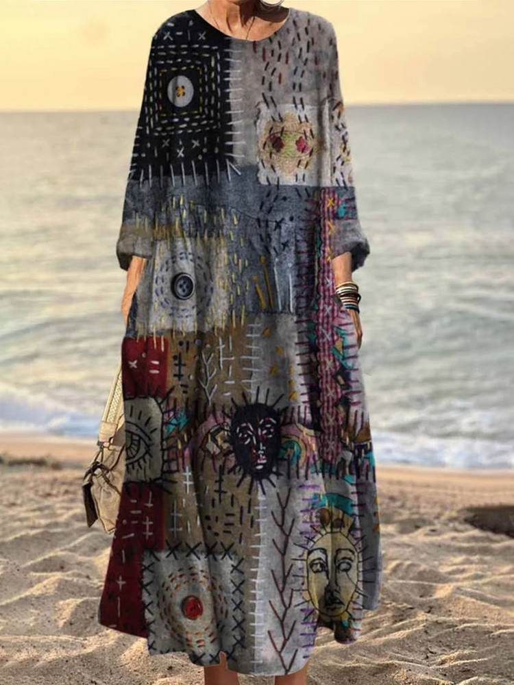 Vintage Stitching Geometric Pattern Women's Linen Maxi Dress