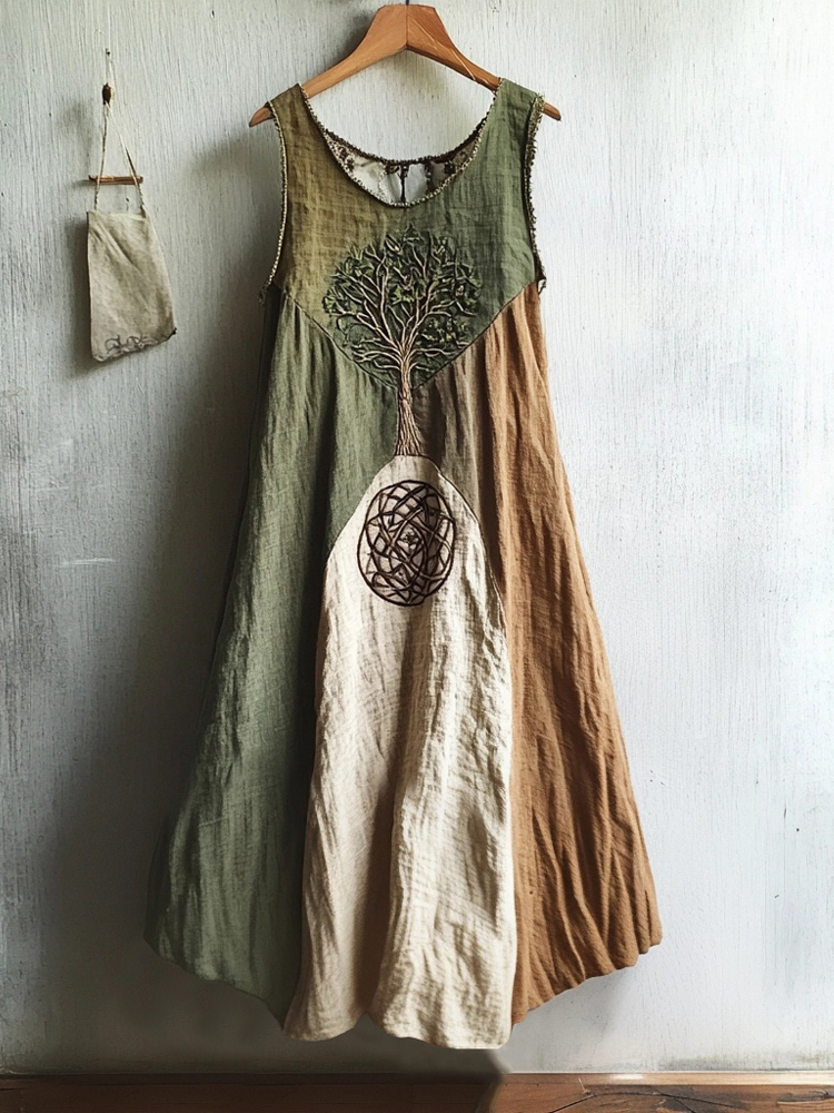 Vintage Viking Tree Of Life Embroidered Linen Dress