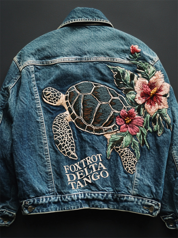 Foxtrot Data Tango Gulf Of Mexico Turtle Floral Embroidered Denim Jacket