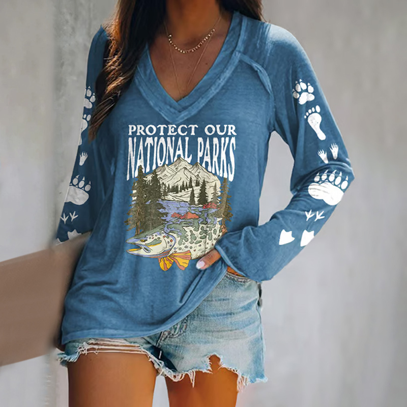 Women's Protect Our National Parks Print V Neck T-shirt