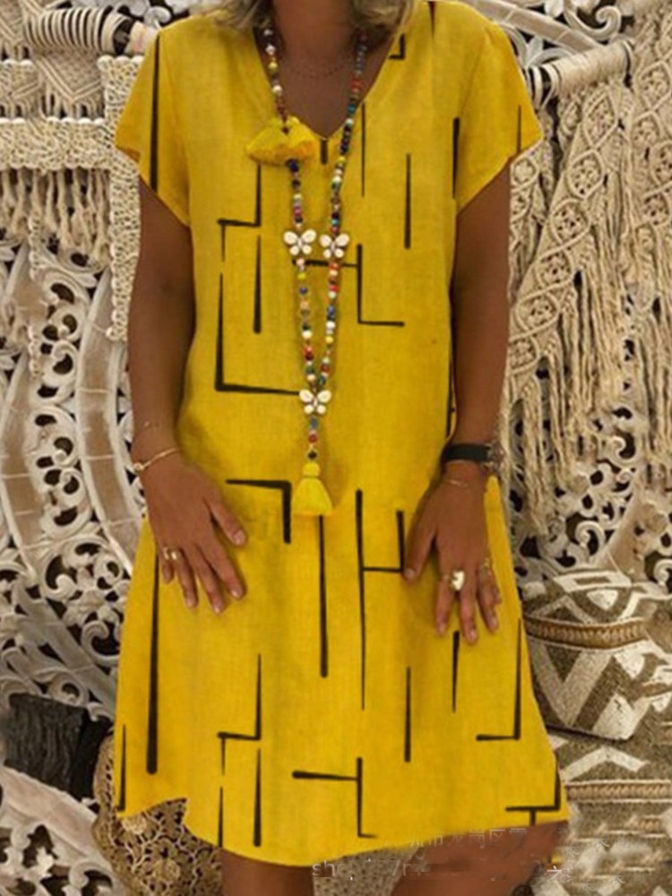 Geometric Pattern V Neck A Line Midi Dress