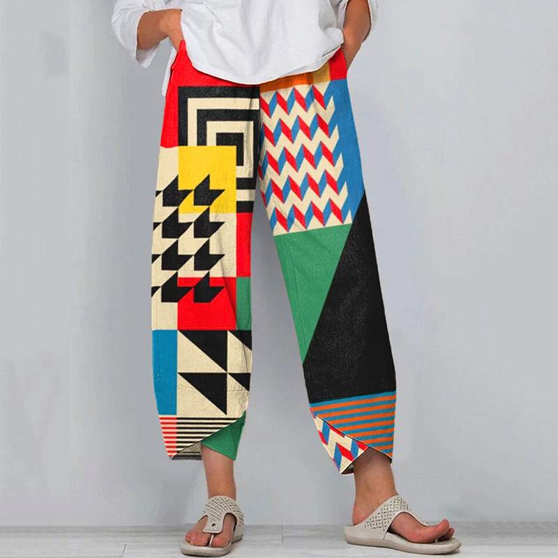 Women's Abstract Art Geometric Pattern Linen Blend Pants