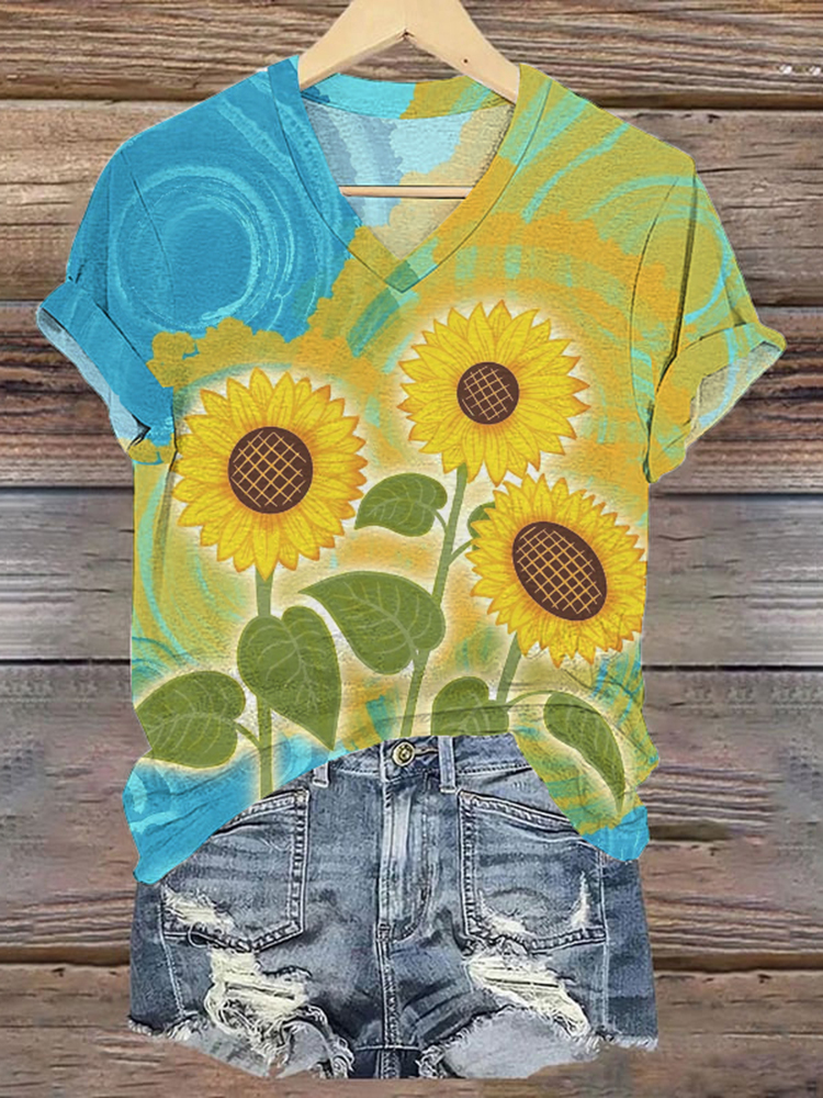 Retro Ukrainian Sunflowers We Standing Together Art Pattern Casual T Shirt