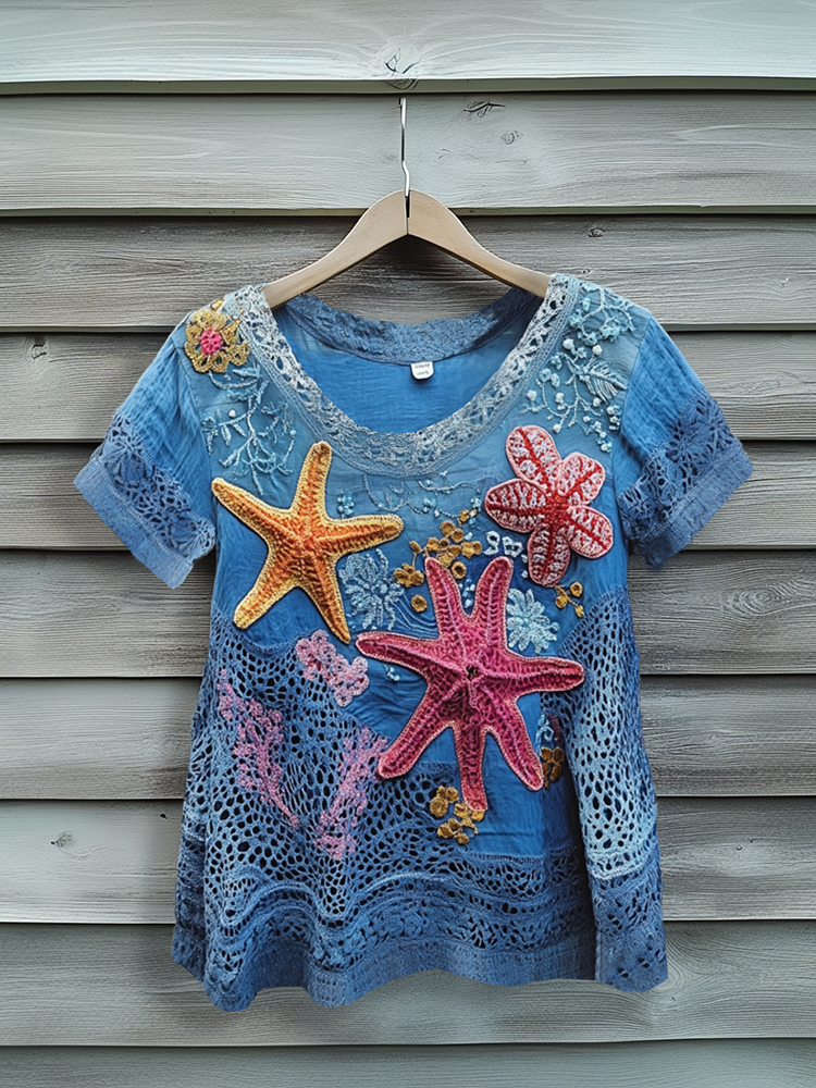 Underwater World Colorful Starfish Embroidered Lace Art Linen Blend Shirt