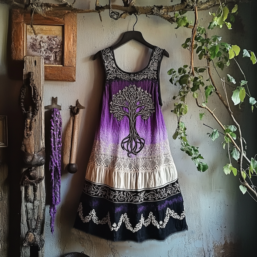 Vintage Tribal Celtic Knot Life Of Tree Patchwork Art Linen Tank Dress