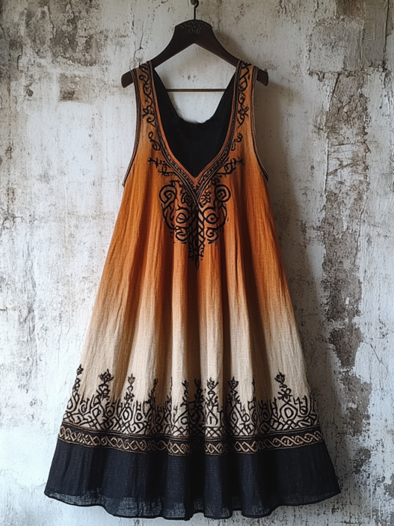 Vintage Tribal Celtic Knot Life Of Tree Patchwork Art Linen Tank Dress