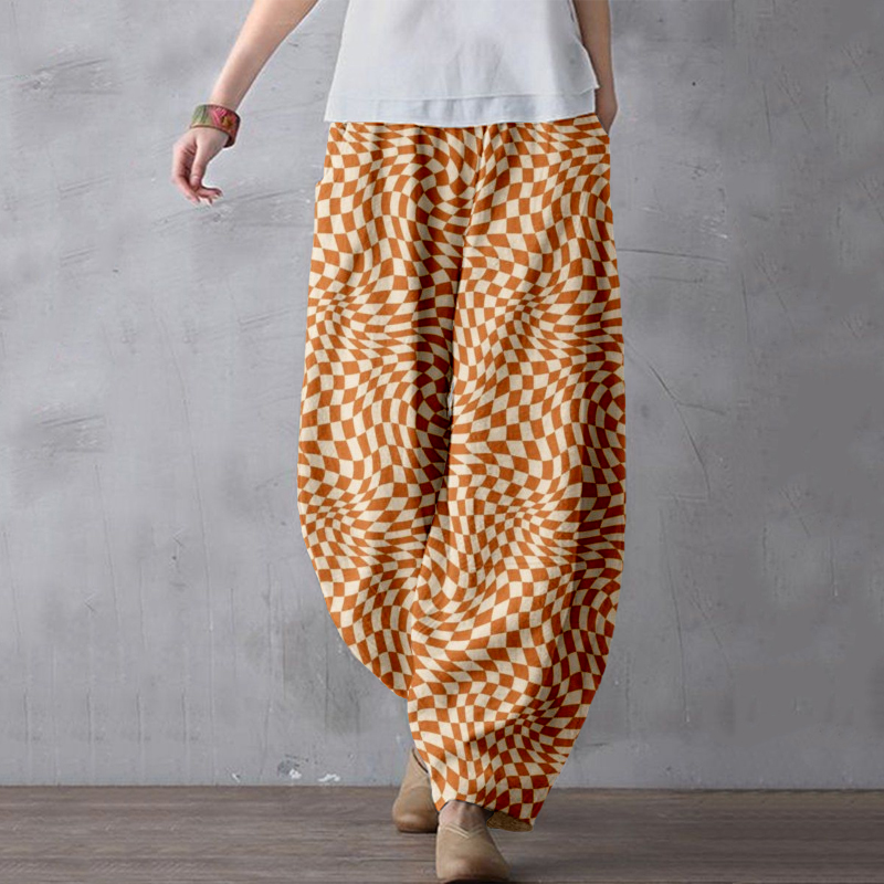 Wavy Checkerboard Pattern Linen Blend Comfy Pants
