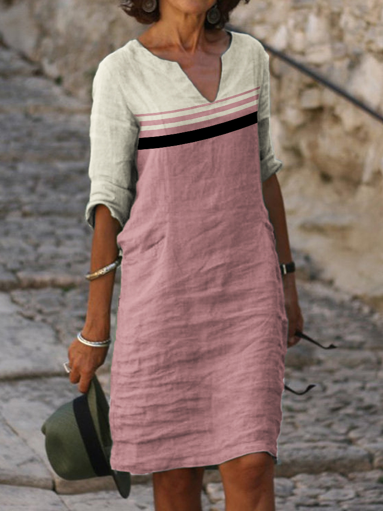 Classy Morandi Colorblock Notch Neck Midi Dress