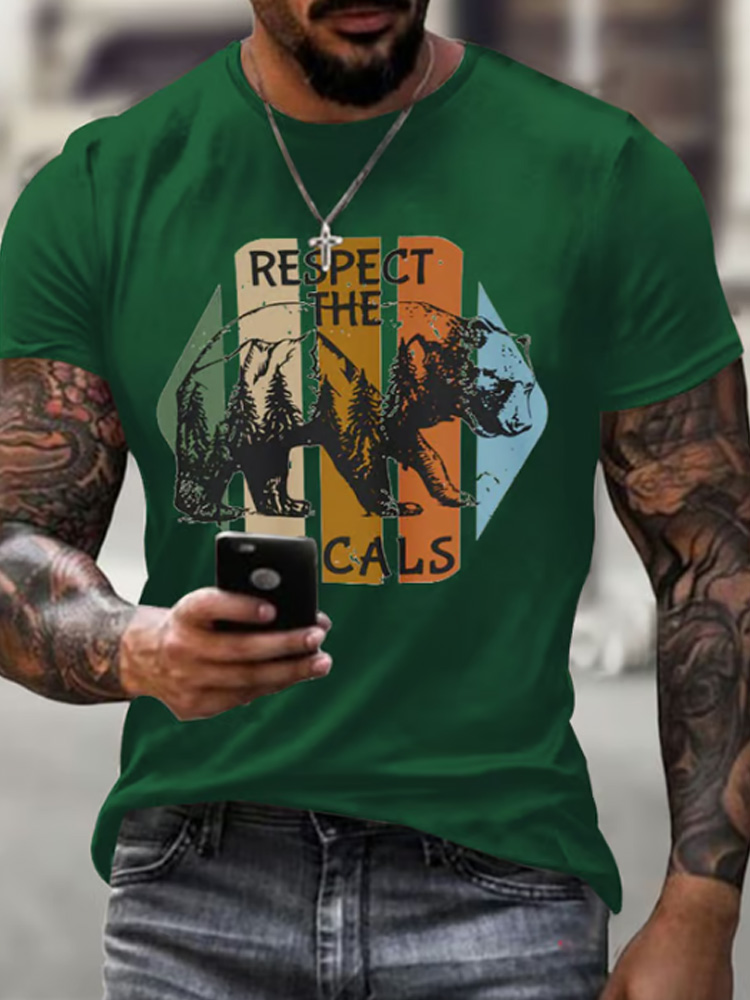 Men's Retro Protect National Parks Respect The Locals Printed Casual Crew Neck T-shirt