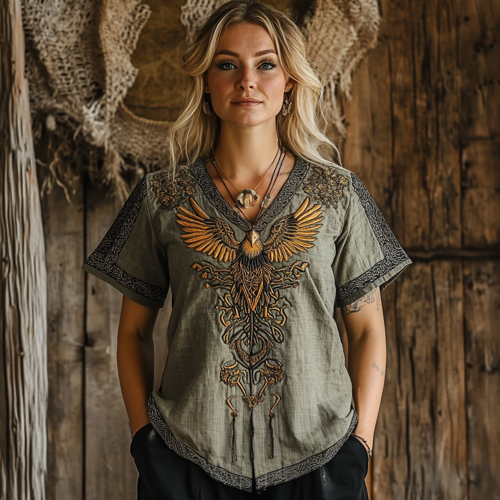 Vintage Women's Viking Eagle Rune Print Linen T-shirt