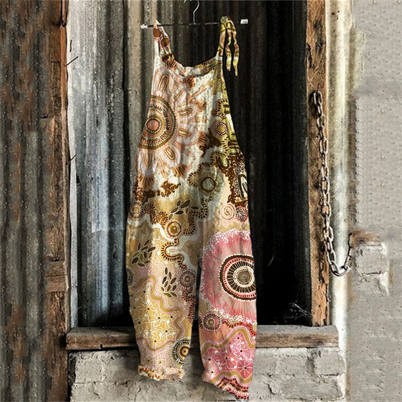 Boho Floral Ethnic Art Linen Blend Jumpsuit