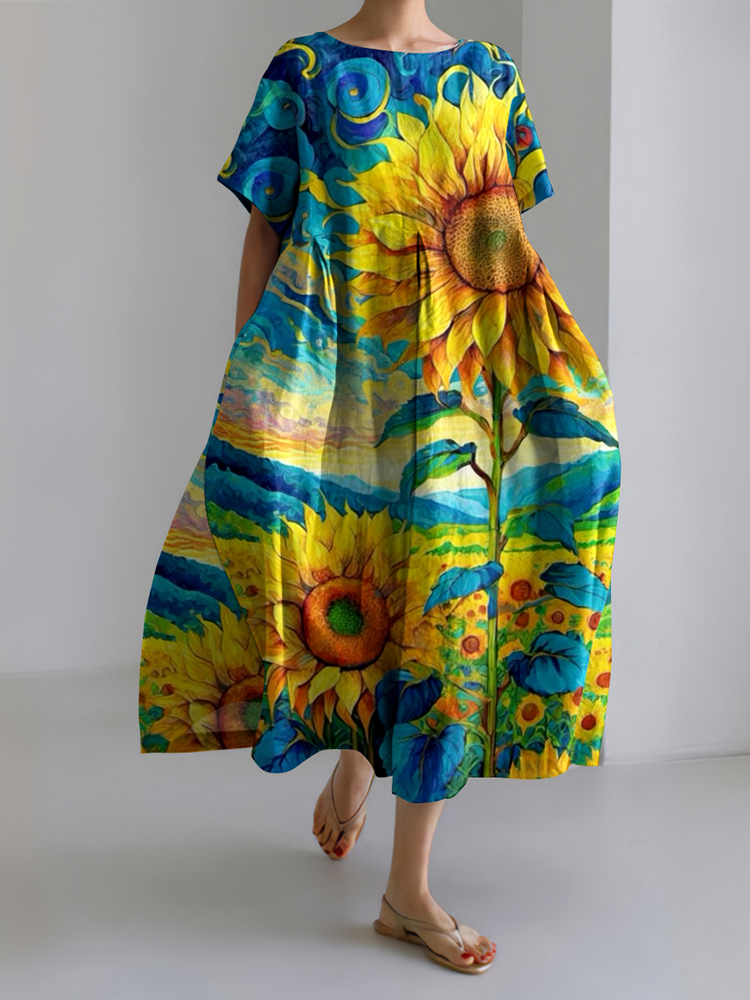 Vintage Ukrainian Sunflower Floral Linen Crew Neck Dress