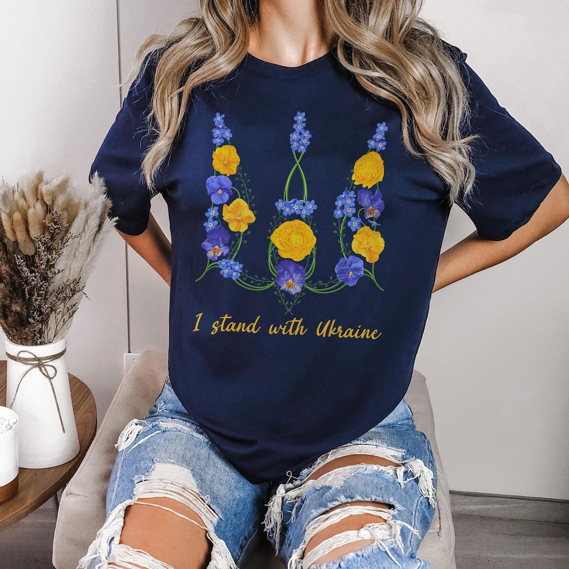 Women's Ukraine Trident Floral Print Crew Neck T-shirt