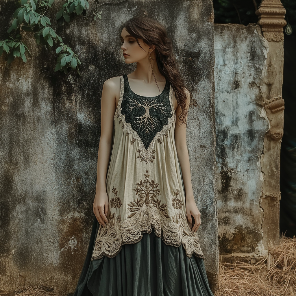 Vintage Tribal Celtic Knot Life Of Tree Patchwork Tank Midi Dress