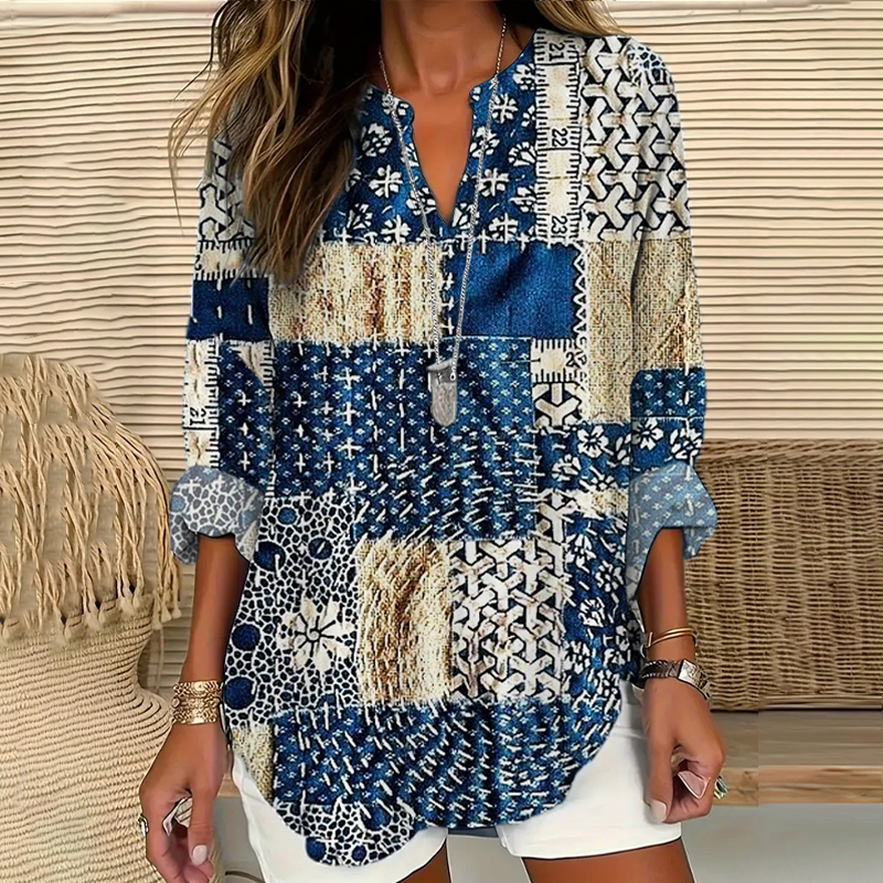 Japanese Botanical Flower Embroidery Women's Linen V-neck Shirt