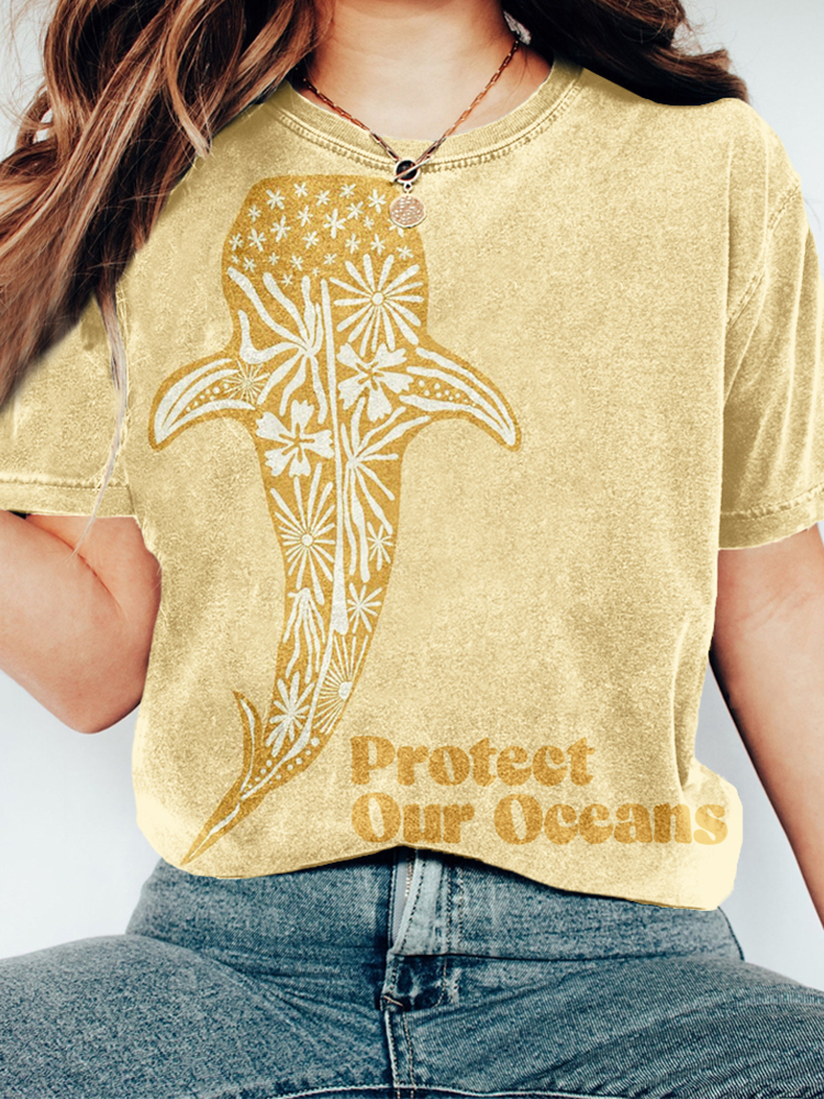 Protect Our Oceans Whale Shark Print Washed T Shirt