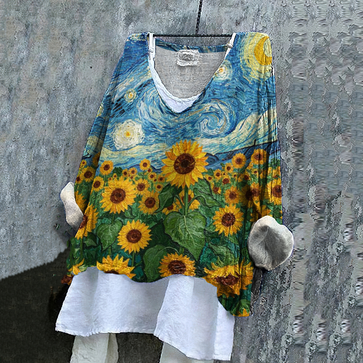 Ukrainian Sunflower In Starry Night Art Stop Ukr War Print Linen Women's V-neck Shirt