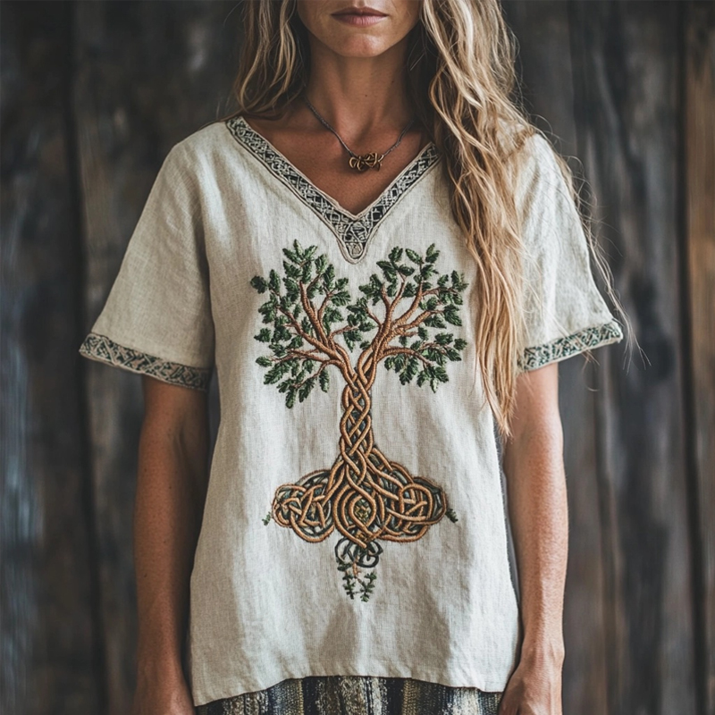 Viking Tree Of Life Embroidered V Neck Linen T Shirt