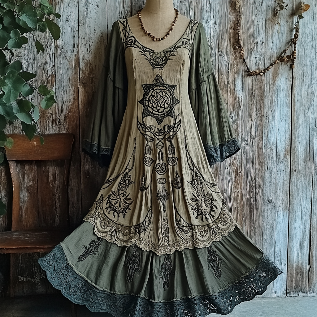 Women's Vintage Tribal Viking Tree Of Life Patchwork Dress