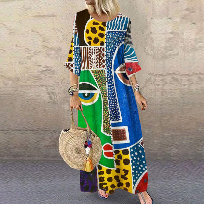 Face Geometric Abstract Art Women's Linen Maxi Dress