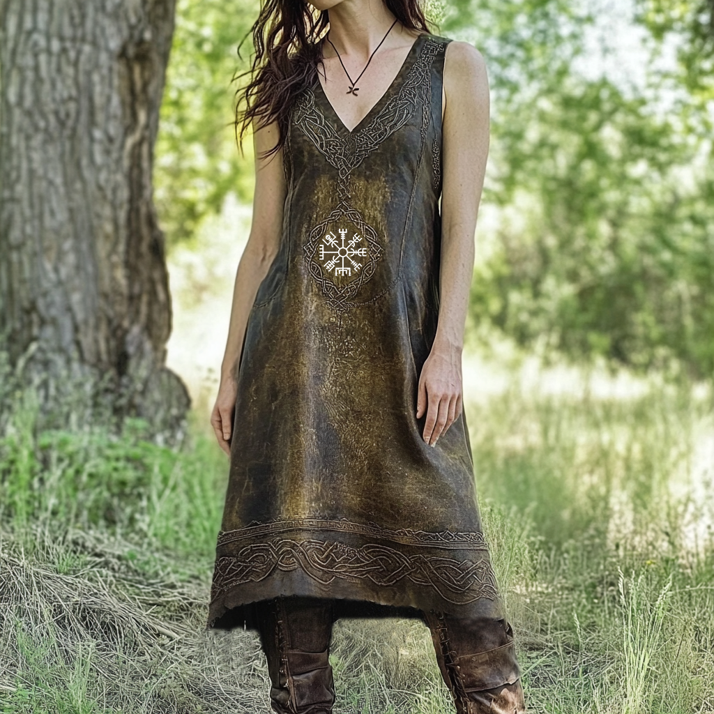 Women's Vintage Viking Rune Faux Leather Pattern Sleeveless Dress