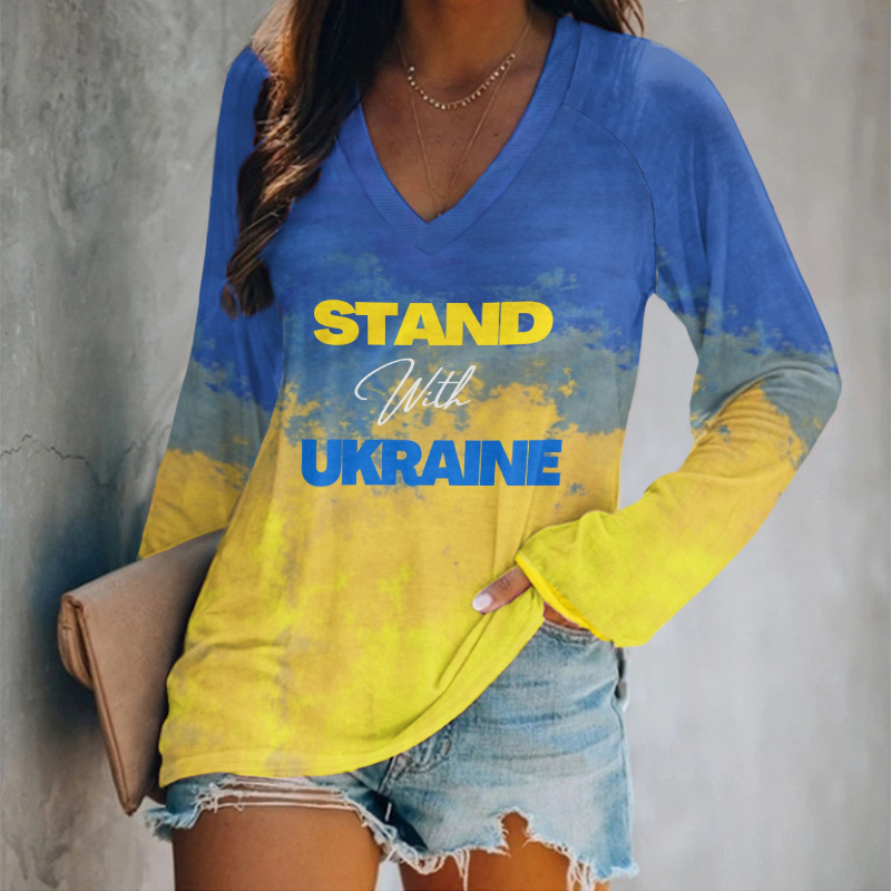 Women's Stand Whit Ukrane Ukrainian Flag Color V-neck T-shirt