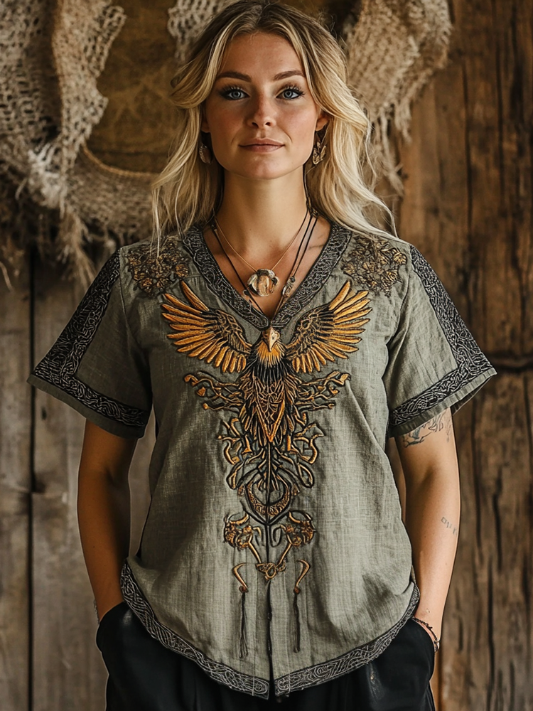 Vintage Women's Viking Eagle Rune Print Linen T-shirt