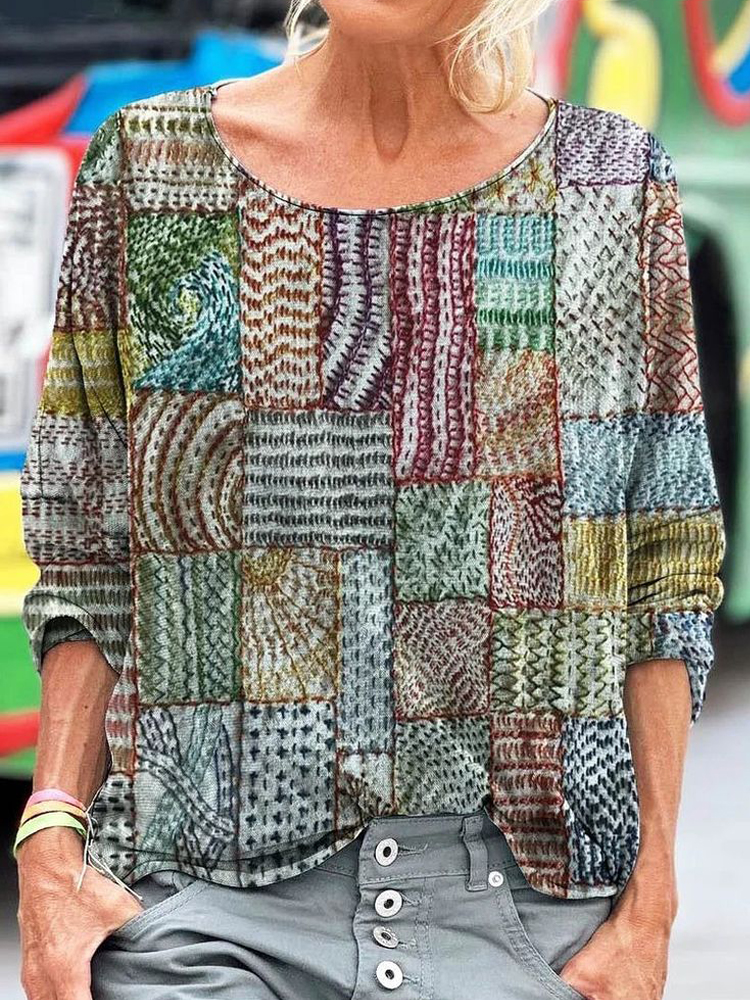 Geometric Stitch Embroidery Patchwork Pattern Women's Linen Long Sleeve T-shirt
