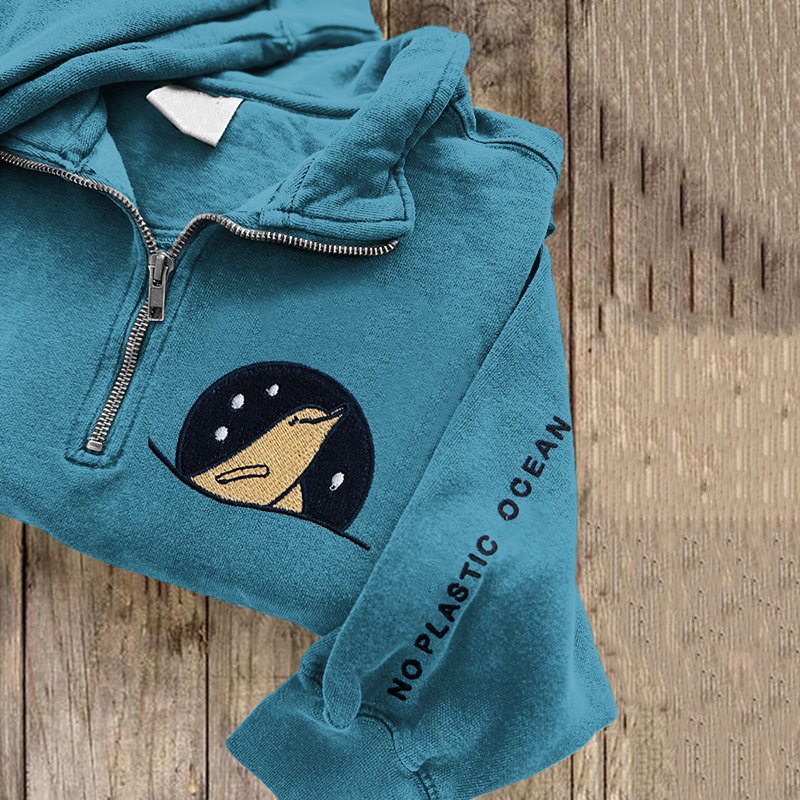 No Plastic Ocean Embroidered Casual Women's Zip-up Sweatshirt