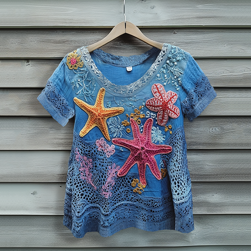 Underwater World Colorful Starfish Embroidered Lace Art Linen Blend Shirt