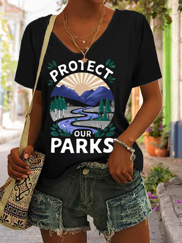 Women's Protect Our National Parks Print V Neck Casual T-shirt