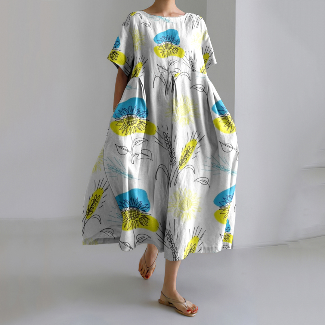 Vintage Ukrainian In Floral Stop Ukr War Pattern Linen Blend Dress