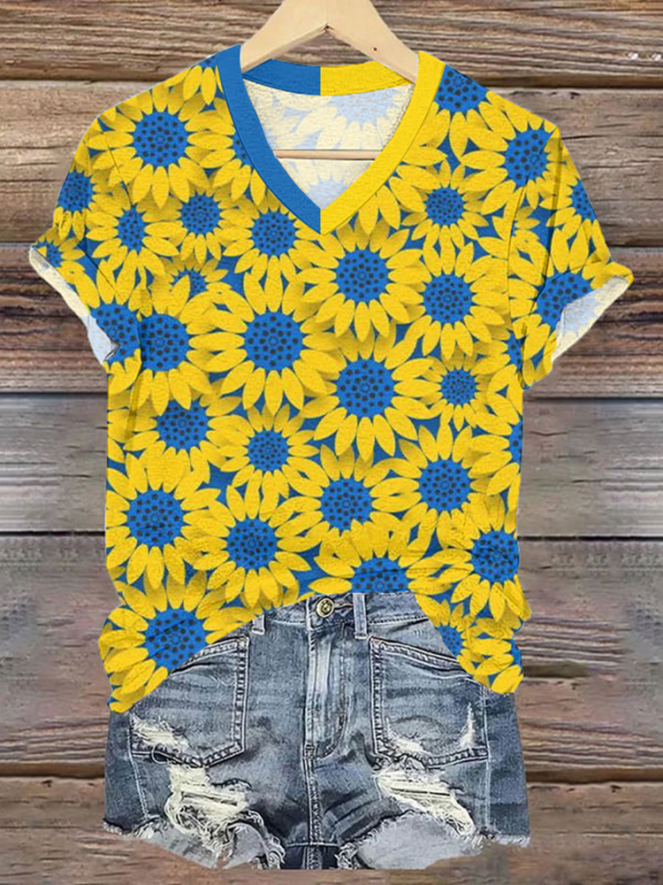Women's Stand With Ukraine Sunflower V-neck T-shirt