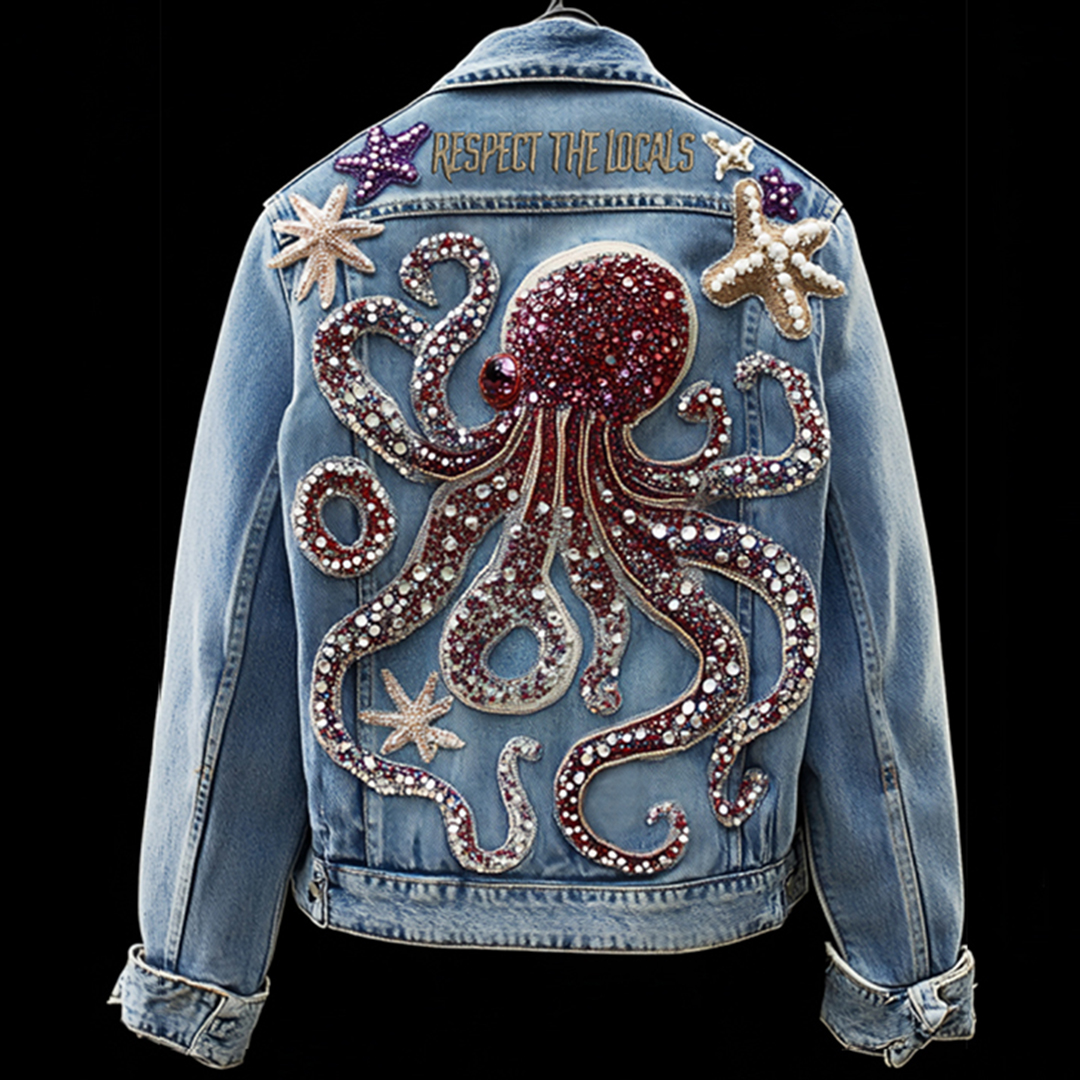 Respect The Locals Octopus With Diamond Embroidered Denim Jacket