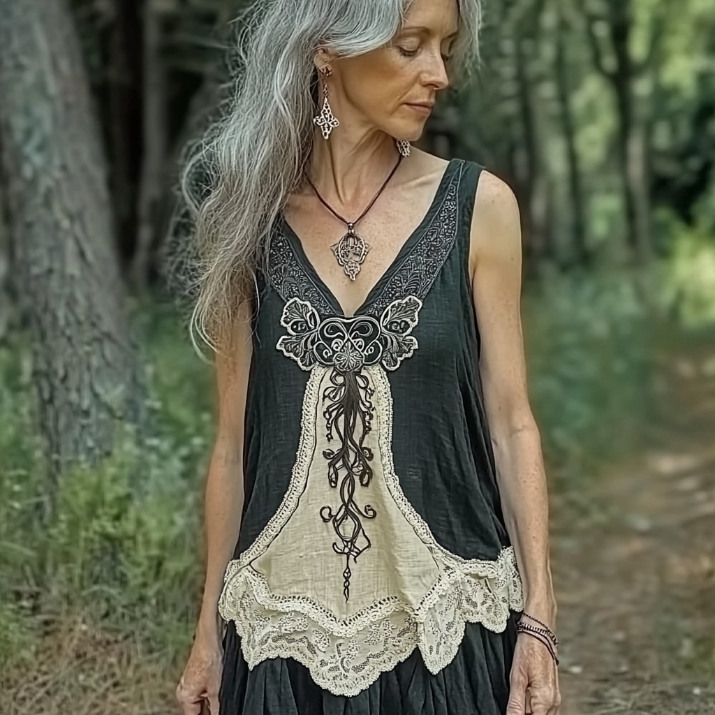 Vintage Women's Viking Tree Of Life Lace Linen Dress