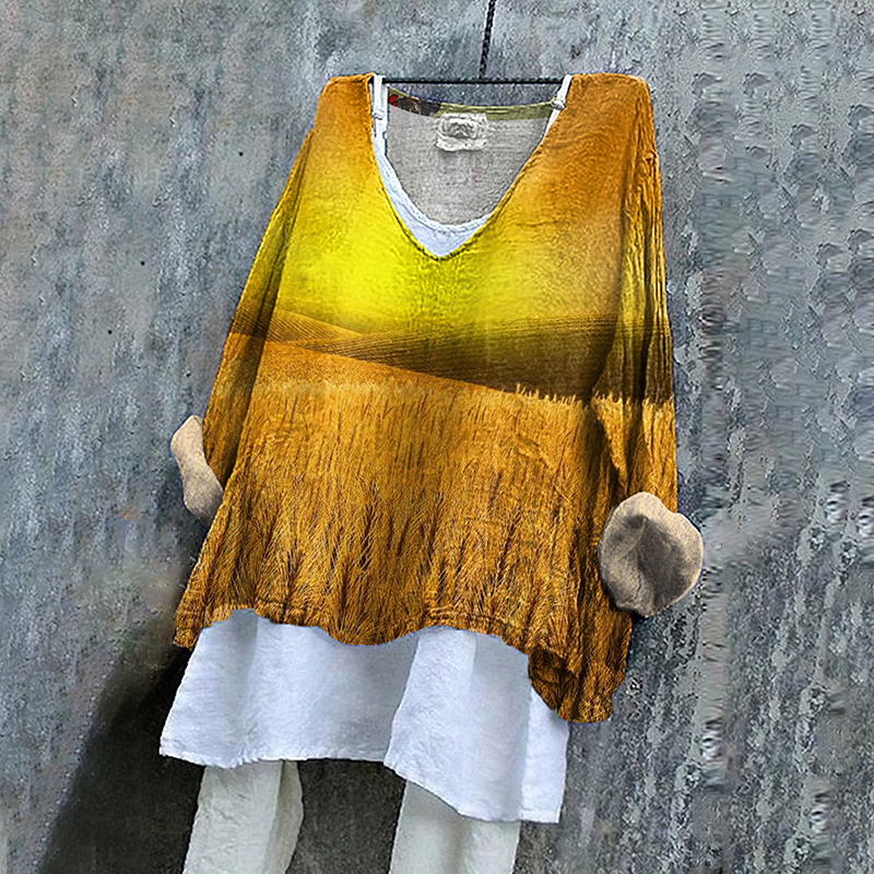 Women's Sunset Wheat Print Linen V-neck Shirt