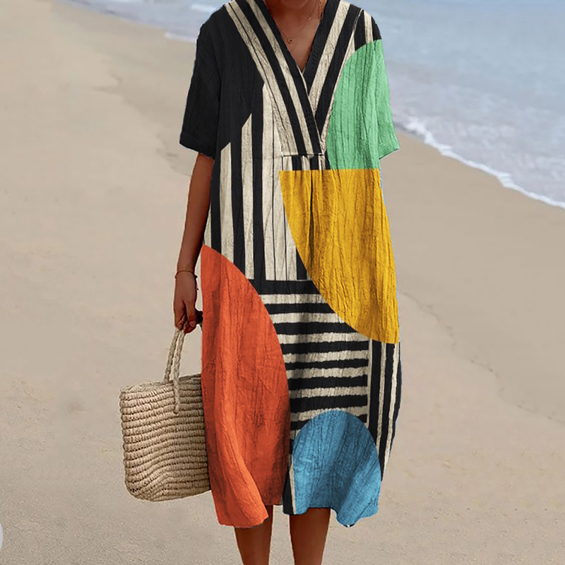Colorblock Geometric Art Striped Flowy Linen Blend Dress