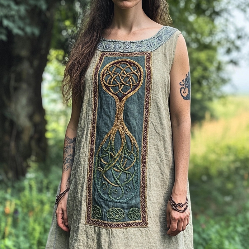 Vintage Viking Tree Of Life Embroidered Linen Tank Dress