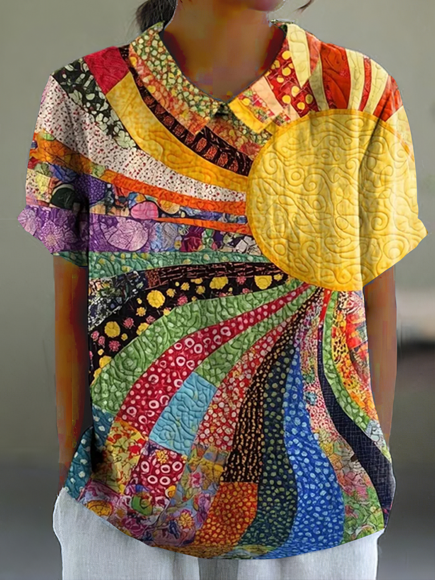 Women's Colorful Warm Sunshine & Sea Of Flowers Art Casual Cotton And Linen Sleeve Shirt