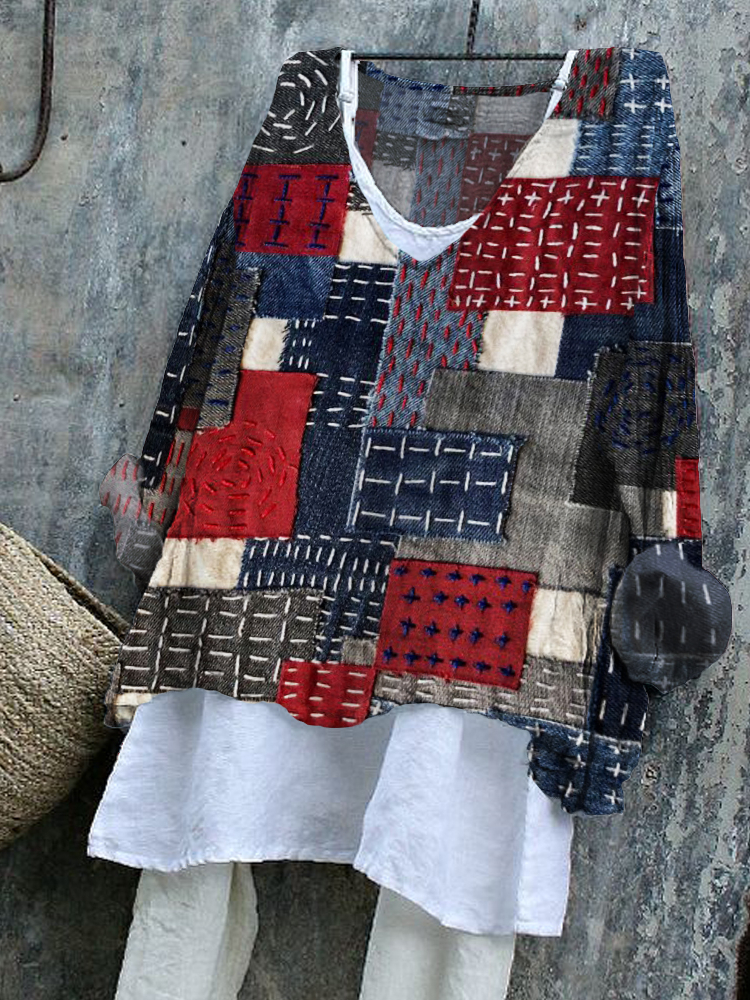 Japanese Sashiko Art Stitched Linen Blend Tunic