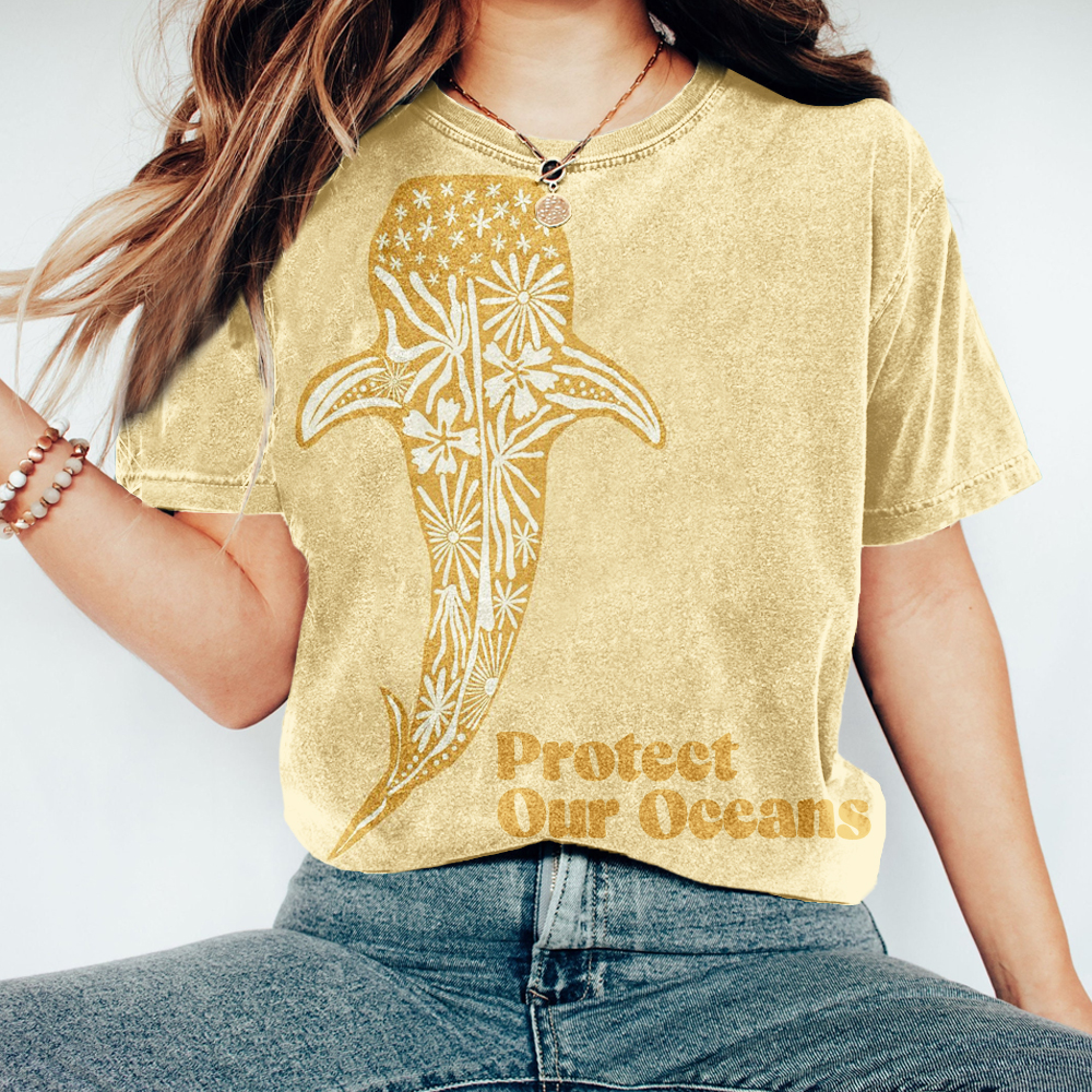 Protect Our Oceans Whale Shark Print Washed T Shirt
