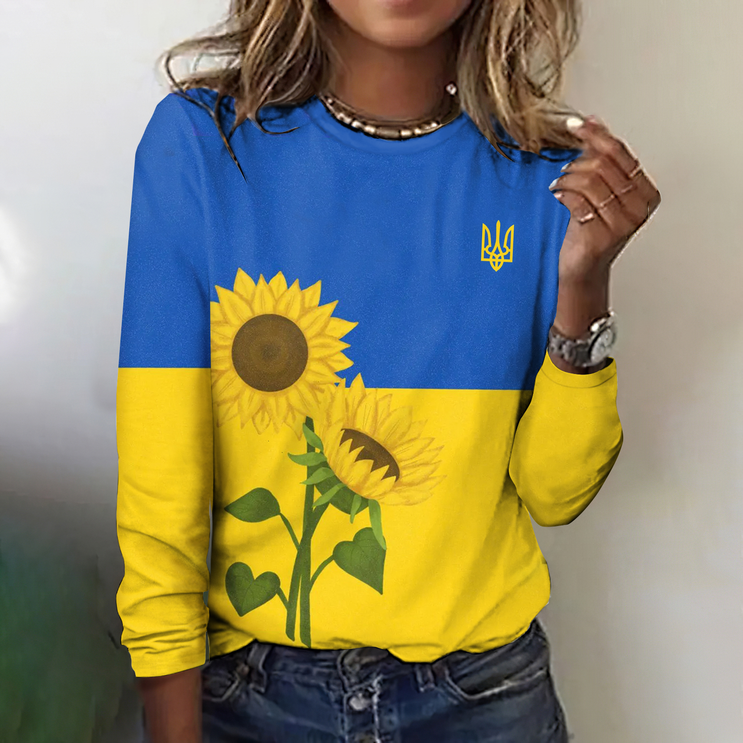 Women's Peace For Ukraine Sunflower Round Collar T-shirt