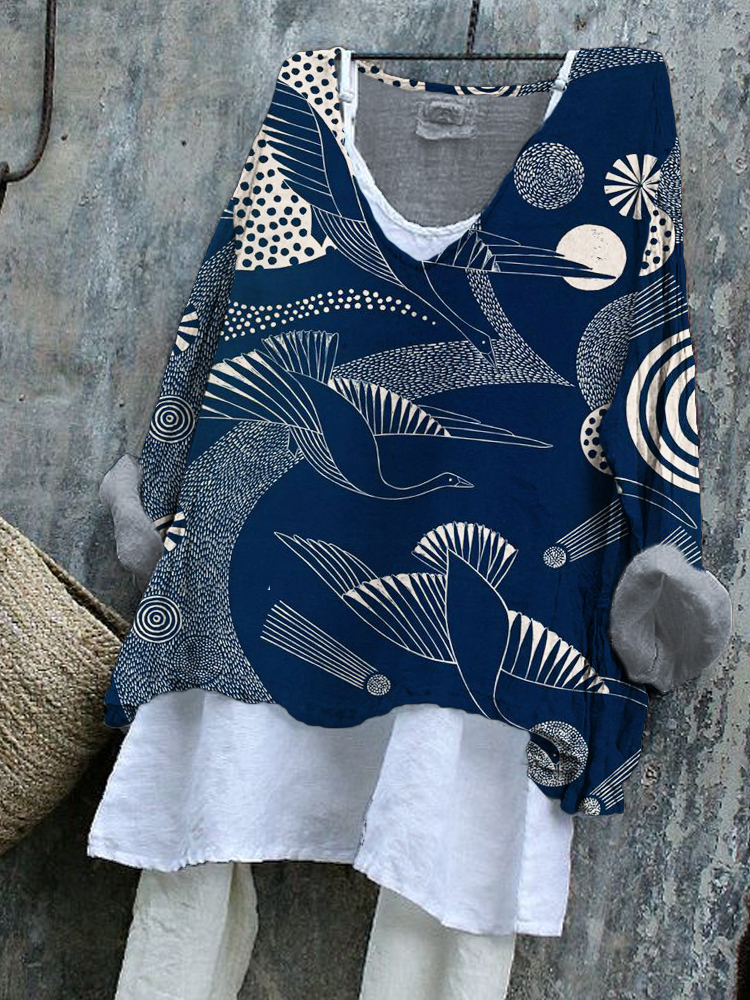 Japanese Crane Geometric Pattern Women's Linen Shirt