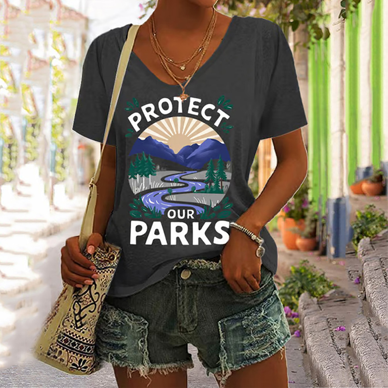 Women's Protect Our National Parks Print V Neck Casual T-shirt