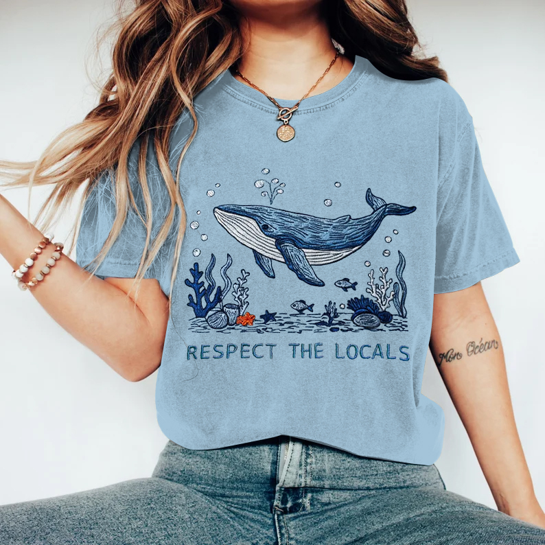 Respect The Locals Whale Embroidered Art Cozy T Shirt